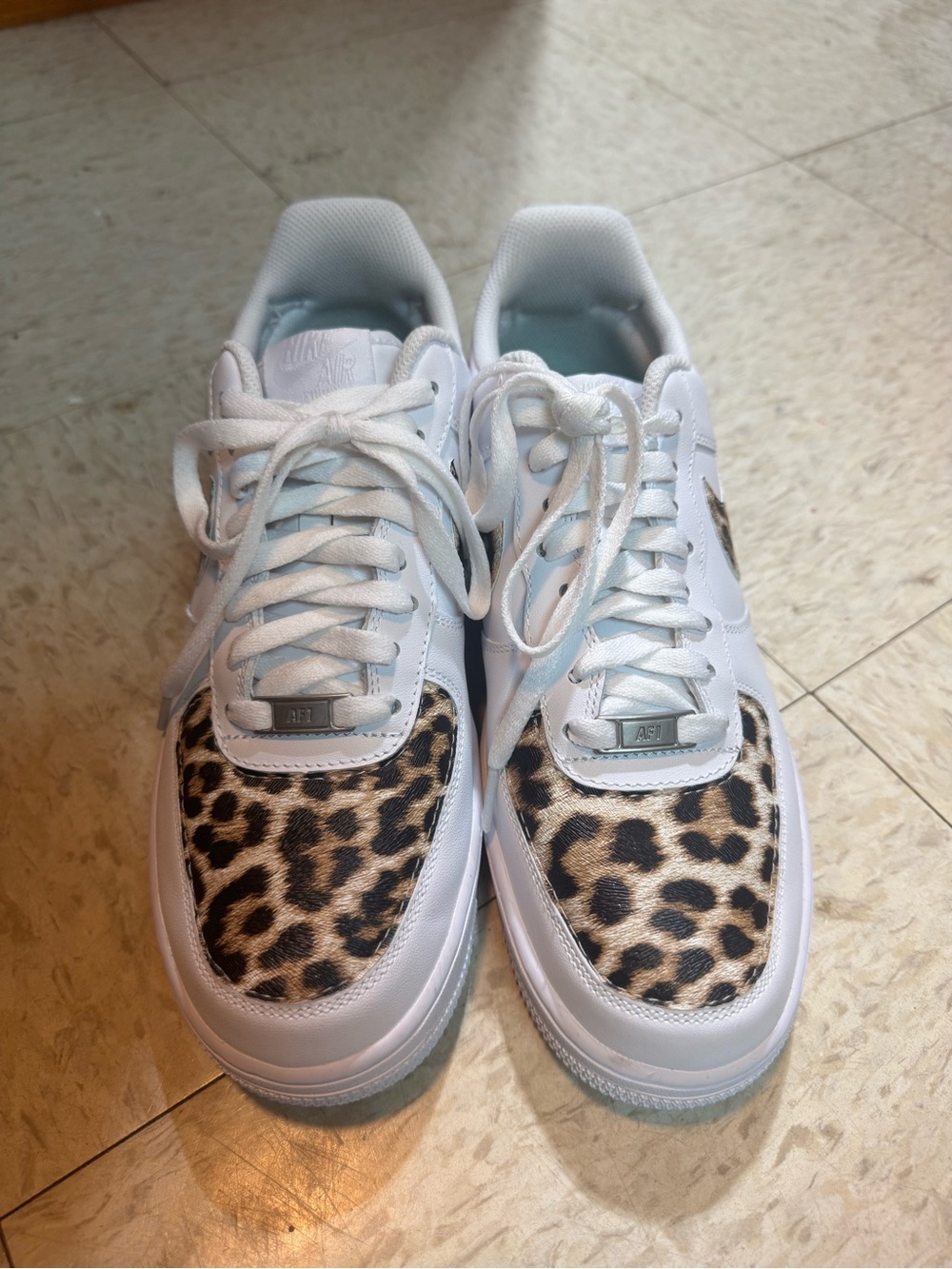 White Women's Sneakers with Leopard Print Toe Accent